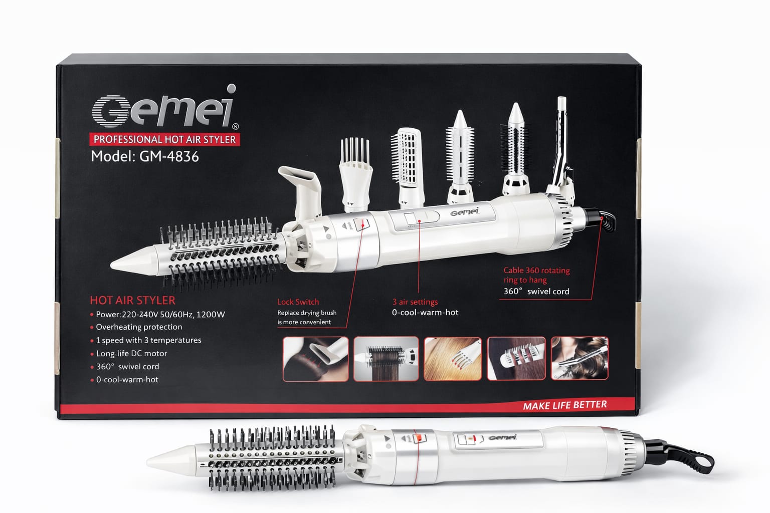 Gemei Heißluftstyler GM-4836 mit 6 Aufsätzen